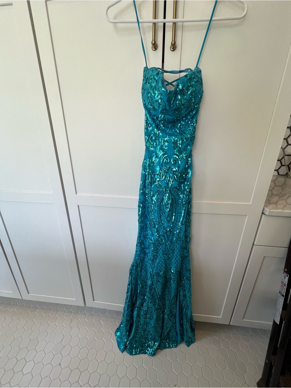 Windsor Teal Sequin Spaghetti-Strap Gown